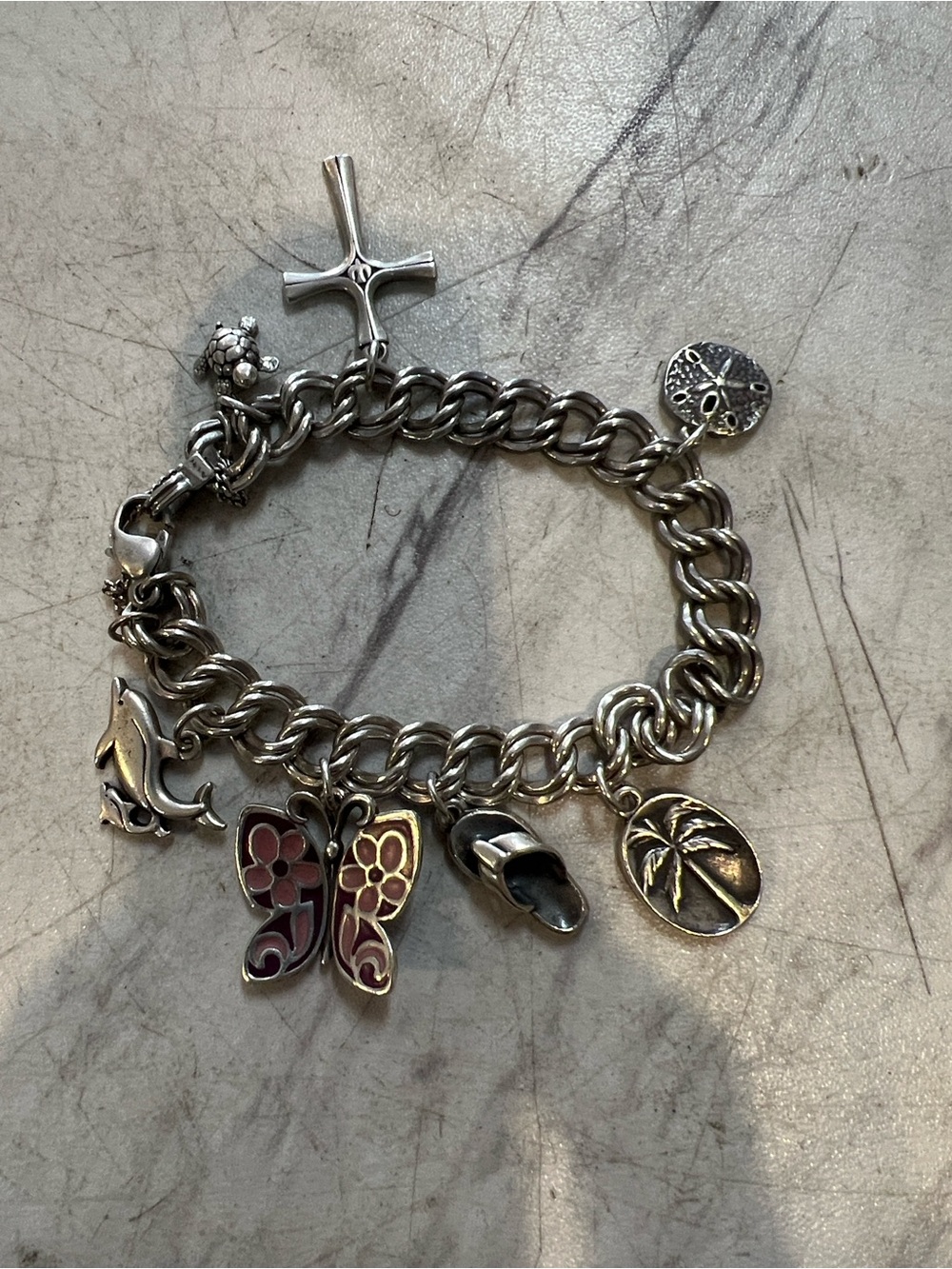 James Avery Sterling Silver Charm Bracelet with Enamel Butterfly, Cross, Palm